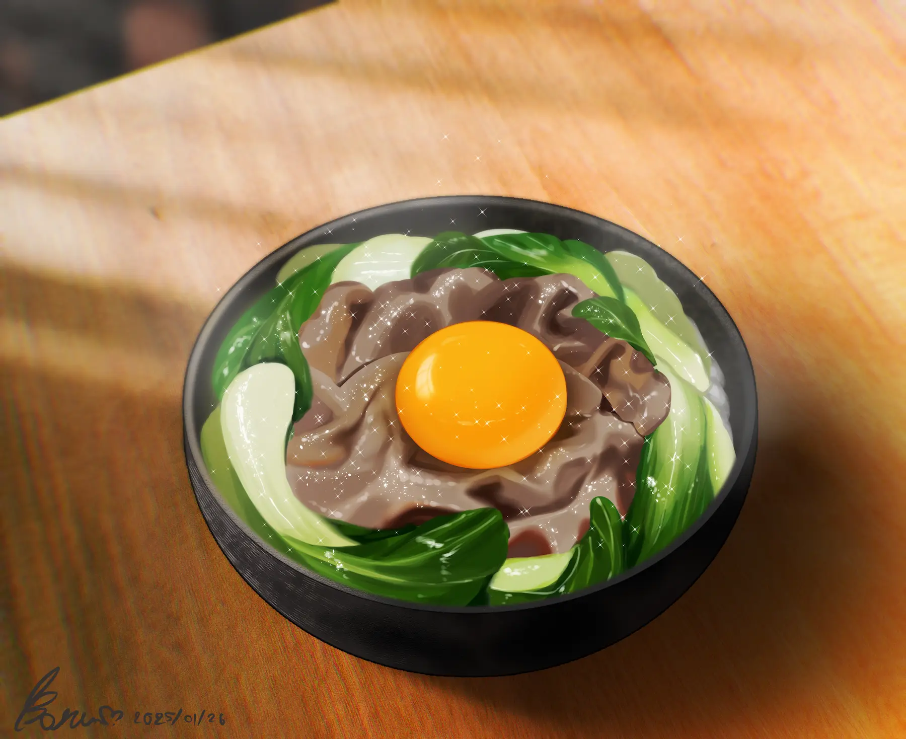 digital painting of a bowl of blanching thinly sliced beef and bok choy on top of rice and topping with an egg yolk
