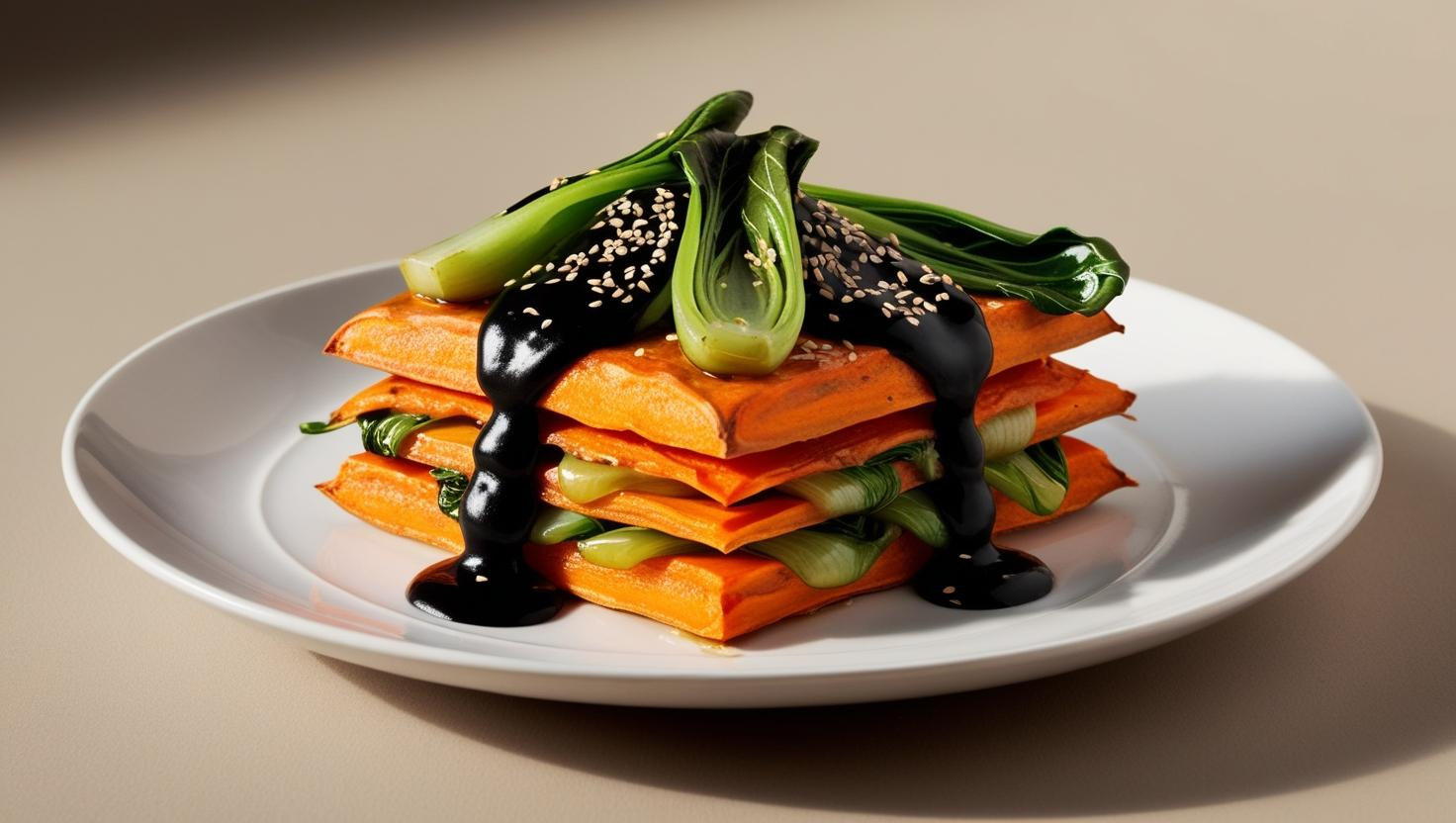 Sweet Potato-Bok Choy Mille-Feuille with Black Sesame Cream